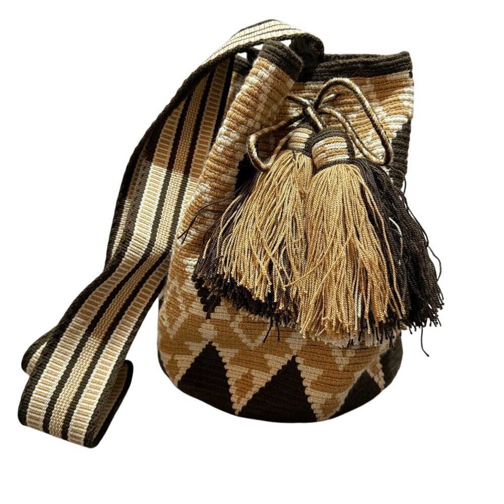 Wayuu Tribe Handwoven Crossbody Bucket Bag in Beige, Brown and Cream